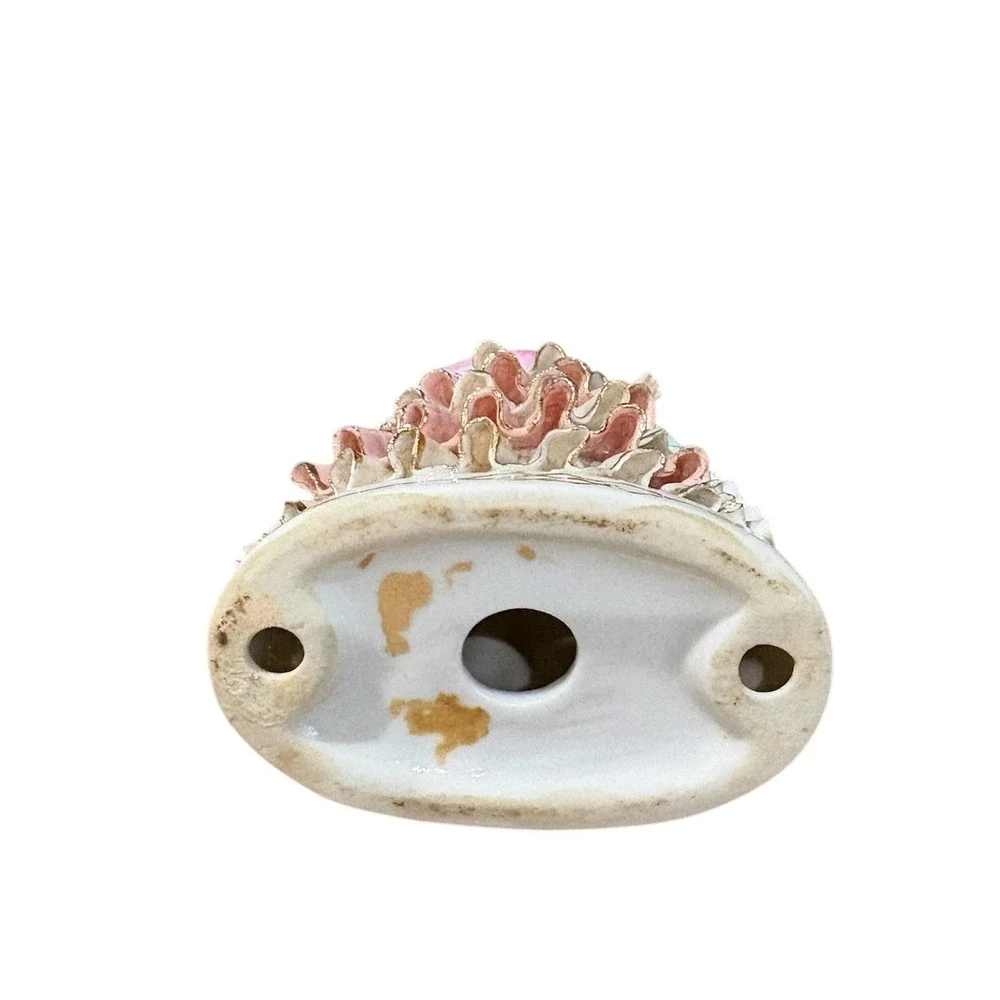 Vintage Multicolor Porcelain Lady Figurine Tiered Ruffle Dress‎ Pink Bonnet
